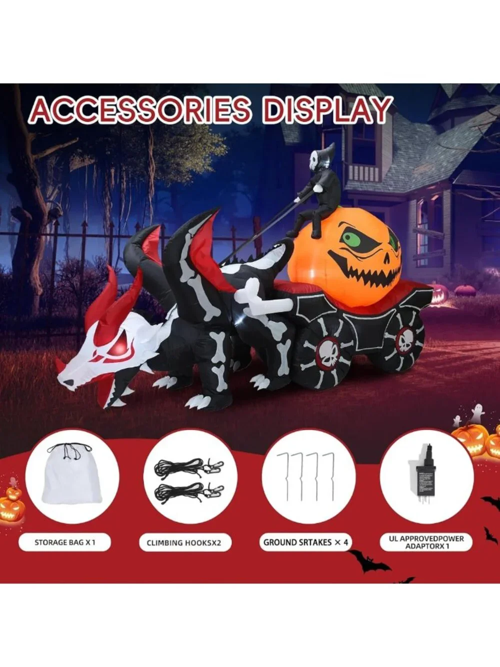 9FT Halloween Inflatable Carriage with Grim Reaper & Skeleton Dragon - LED